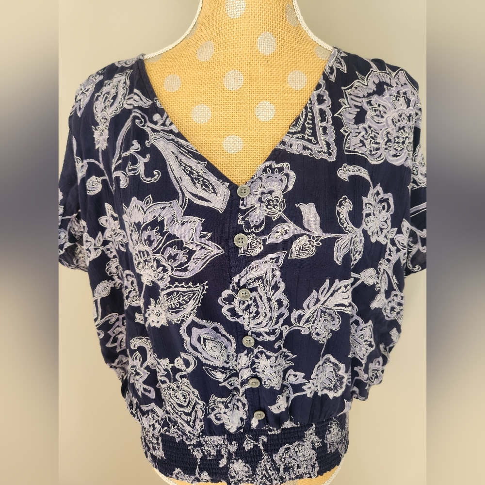 Maurices Blue and White Ruched Crop Blouse